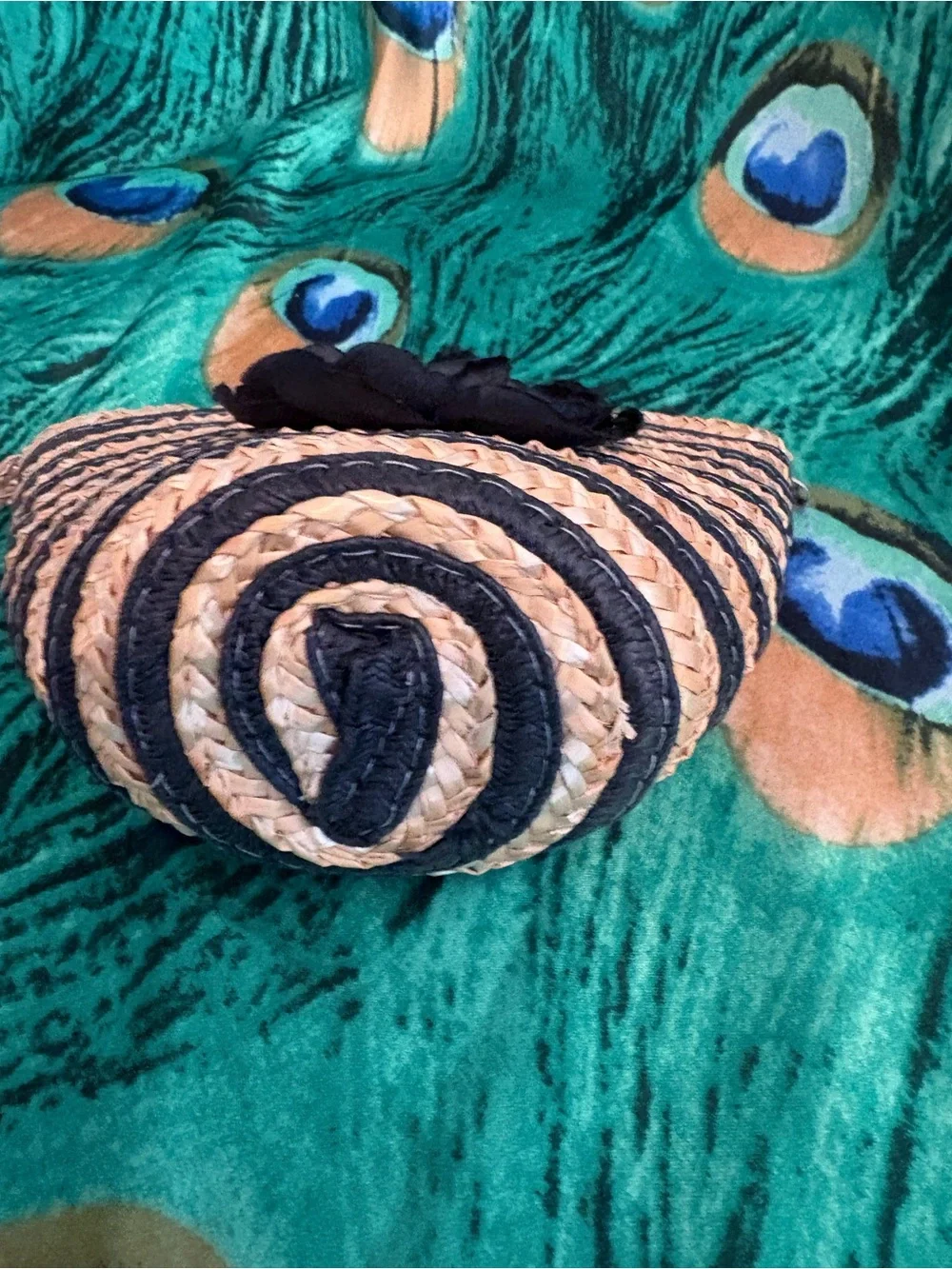 Straw Woven wristlet purse with Black Flower Accent